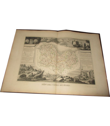 Gravure Côtes-du-Nord 1850, Levasseur, département 22 - Côtes d'Armor, Atlas national illustré, cartes géographiques,