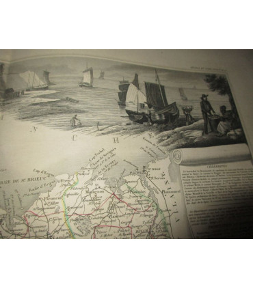 Gravure Côtes-du-Nord 1850, Levasseur, département 22 - Côtes d'Armor, Atlas national illustré, cartes géographiques,