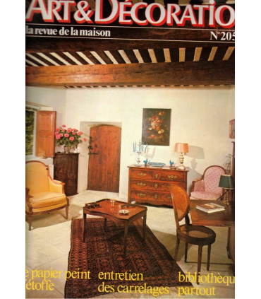 Papier peint années 1970, meubles de métier, bibliothèques, - Art et Décoration, revue de la maison, N°205 mars 1978 -