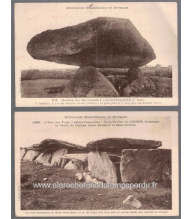 Bretagne, monuments mégalithiques, 2 cartes postales, Colline de Liscuit, et Locmariaquer - art celte, dép 56 Morbihan,