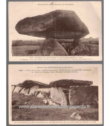 Bretagne, monuments mégalithiques, 2 cartes postales, Colline de Liscuit, et Locmariaquer - art celte, dép 56 Morbihan,