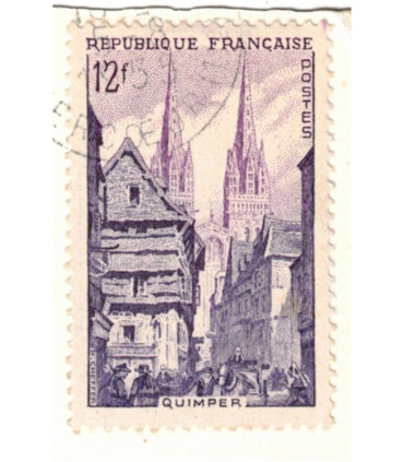 Paris et ses merveilles, Place et Théâtre de l'Opéra, et timbre-poste Quimper 12f 1954 - carte postale 75 Paris, philatélie