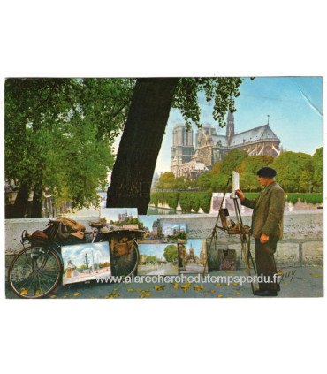Paris, peintre pont de l'Archevêché, et timbre sabine de Gandon 1F20 vert 1980 - flamme Salon de l'Auto, philatélie