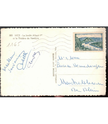 Nice, le jardin Albert Ier et le Théâtre de Verdure, et timbre-poste La Vallée de la Seyne aux Andelys 8F 1954 -carte postale 06