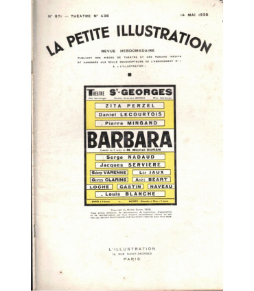 Barbara, comédie Michel Duran 1938, acteurs Zita Perzel, Daniel Lecourtois - La Petite Illustration Théâtre n°438 14 mai 1938