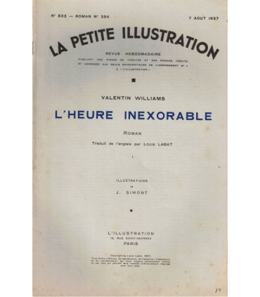 L'heure inexorable, T1 et T4, Valentin Williams -, roman populaire, La Petite Illustration Roman N°394 7 août 1937