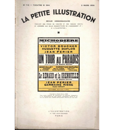 Sacha Guitry, Un tour de paradis, Le Renard et la grenouille, acteur Jean Périer - La Petite Illustration Théâtre N°364 1935
