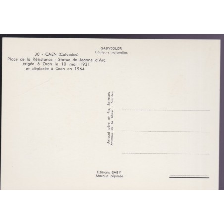 Caen, statue de Jeanne d'Arc - carte postale, Calvados 14, sculptures, GABY