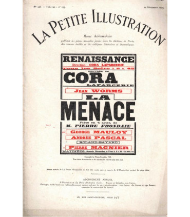 La menace, Pierre Frondaie, acteurs Cora Laparcerie, Jean Worms, Georges Mauloy, - La Petite Illustration Théâtre N°153 1925