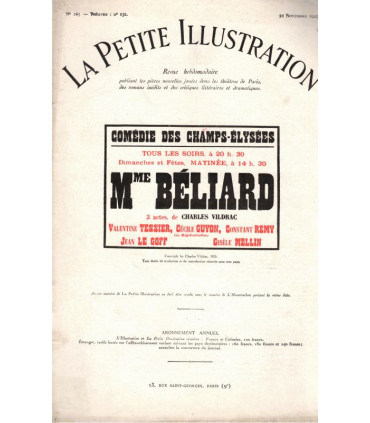 Madame Béliard, Charles Vidrac, acteurs Valentine Tessier, Constant Rémy - La Petite Illustration Théâtre N°152 1925