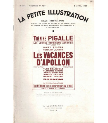 Les vacances d'Apollon, Jean Berthet, acteurs Gaby Sylvia, Gérard Landry - mythologie, La Petite Illustration Théâtre N°457 1939