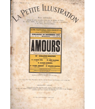 Amours, Paul Nivoix, acteurs Jacques Dumesnil, Jacques Séol, Suzanne Desprès - La Petite Illustration Théâtre N°223 1929