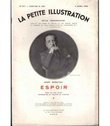 Espoir, Henry Bernstein, acteurs Victor Francen, Claude Dauphin, jean Davy - La Petite Illustration Théâtre N°390 1936