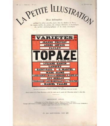 Topaze, Marcel Pagnol, acteurs Jeanne Provost, André Lefaur, Pauley, Pierre Larquey  - La Petite Illustration Théâtre N°271 1931