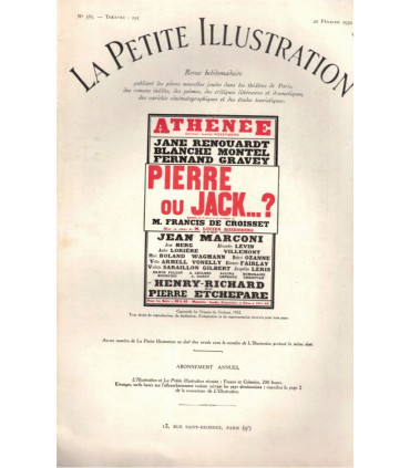 Pierre ou Jack, Francis de Croisset , acteurs Fernand Gravey, Jane Renouardt,   - La Petite Illustration Théâtre N°291 1932