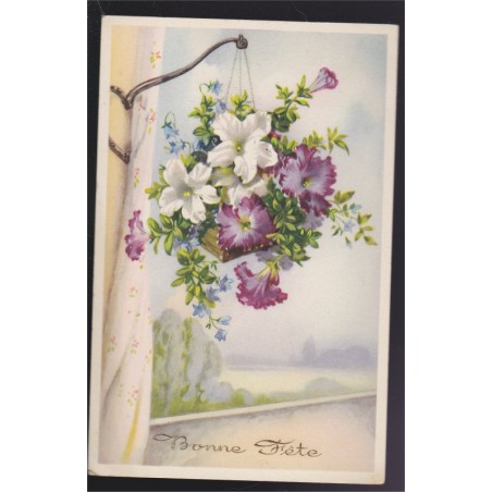 Carte postale Bonne fête, pétunias, sur une patère - carte postale fleurs,
