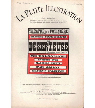 La déserteuse, Maurice Rostand, acteurs Saturnin Fabre, Marie Valsamaki  - La Petite Illustration Théâtre n°173 1926