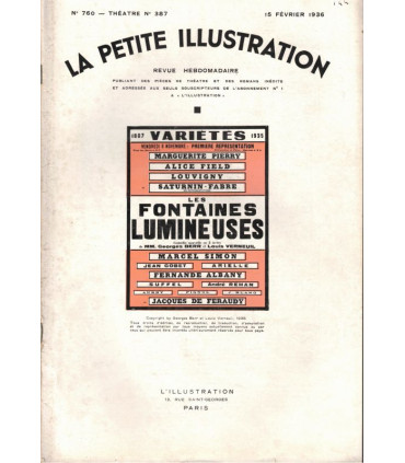 Les fontaines lumineuses, Georges Berr, acteurs Saturnin Fabre, Louvigny - La Petite Illustration Théâtre n°387 1936