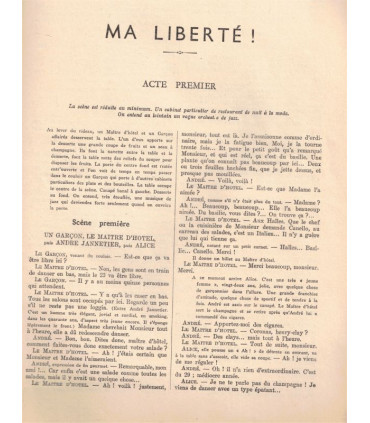 Ma liberté, Denys Amiel, acteurs  Jeanine Crispin, Marcel-André,, - La Petite Illustration Théâtre n°405 1937