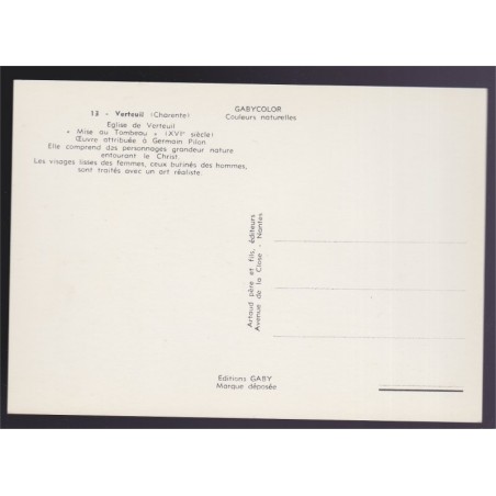 Verteuil, église, mise au tombeau - carte postale, Charente 16, sculpture, église, GABY