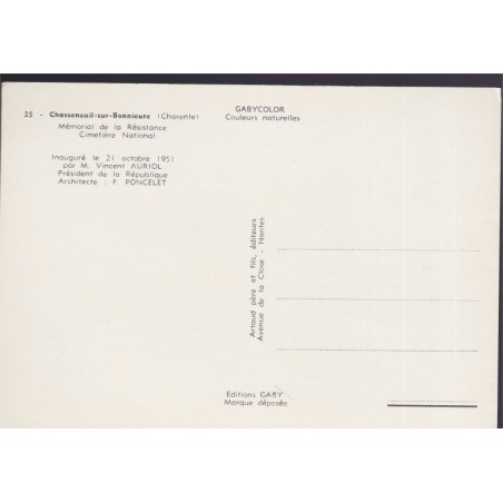 Chasseneuil-sur-Bonnieure, mémorial de la Résistance - carte postale, Charente 16, 2e guerre mondiale, GABY