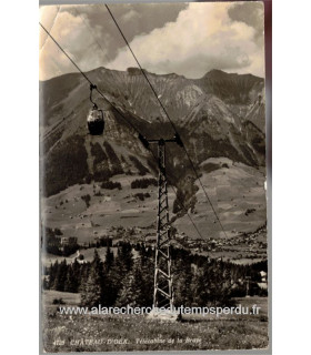 Suisse, Château d'Oex, téléphérique de la Braye  - timbre-poste Helvetia 10 vert 1949 train, cartes postales, timbre Suisse