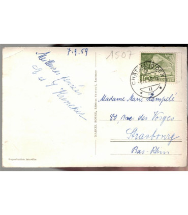 Suisse, Château d'Oex, téléphérique de la Braye  - timbre-poste Helvetia 10 vert 1949 train, cartes postales, timbre Suisse