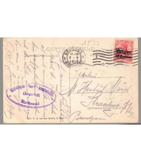 Belgique occupée, timbre Deutsches Reich Belgien 10c 1914, cachet allemand censure, carte postale Bruxelles Hôtel de ville