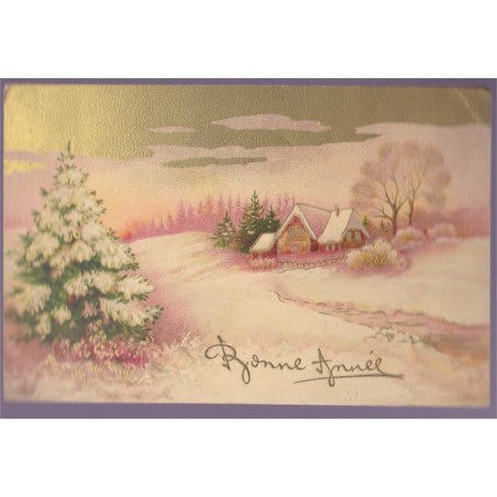 Carte postale Bonne année, sapin et chalet sous la neige - carte postale, fleurs, superposition dorée
