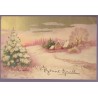 Carte postale Bonne année, sapin et chalet sous la neige - carte postale, fleurs, superposition dorée