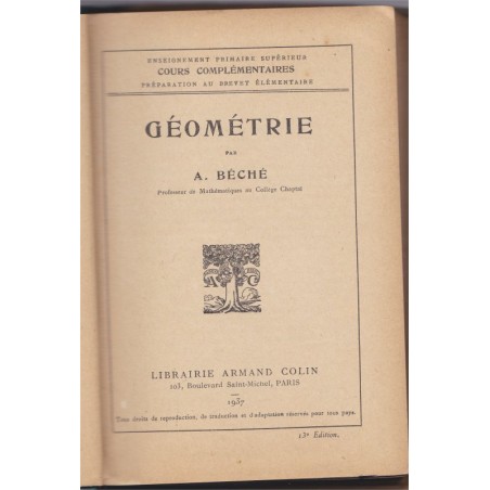 Géométrie enseignement primaire supérieur 1937, Béché - manuels mathématiques
