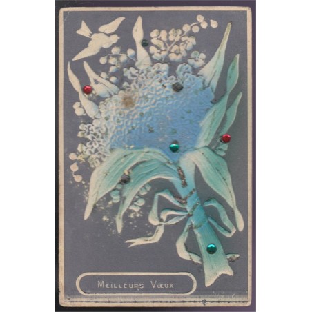 Carte postale Meilleurs voeux, myosotis, colombe et brillants, timbre type blanc 5c vert - carte postale gaufrée, philatélie,