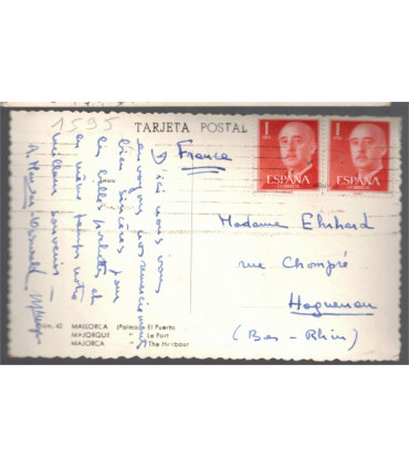 Espagne, Majorque, le port - timbre Espagne Espana Franco 1955 Correos 1 pta orange - cartes postales