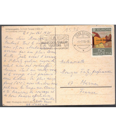 Suisse, Unterengadin, Schloss Tarasp - timbre Suisse Europa Peintures 1975 50 Helvetia Europa - cartes postales
