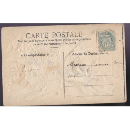 Carte postale Meilleurs voeux, myosotis, colombe et brillants, timbre type blanc 5c vert - carte postale gaufrée, philatélie,