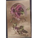 Carte postale Bonne année, pensées, gui, houx - carte postale ancienne, fleurs, fête