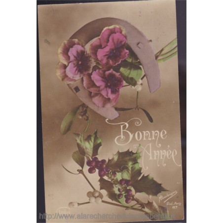 Carte postale Bonne année, pensées, gui, houx - carte postale ancienne, fleurs, fête