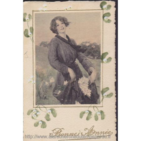 Carte postale Bonne année, jeune fille au gui - carte postale ancienne, ,fleurs, art nouveau, fête