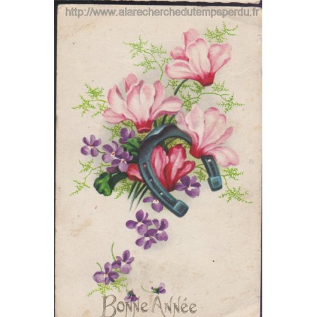 Carte postale Bonne année, avec un fer à cheval, 1947 - carte postale fête & fleurs