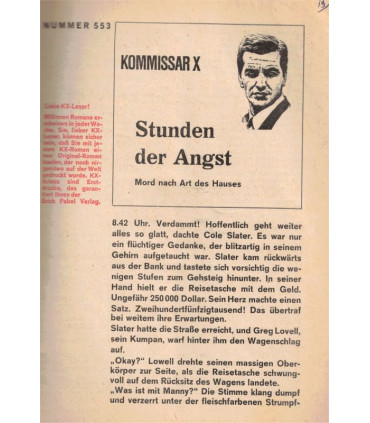 Kommisar X, Nummer 553, Stunden der Angst, Erich Pabel Verlag -  Kriminal Heftromane