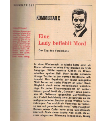 Kommisar X, Nummer 597, Eine Lady befiehlt Mord, Erich Pabel Verlag -  Kriminal Heftromane