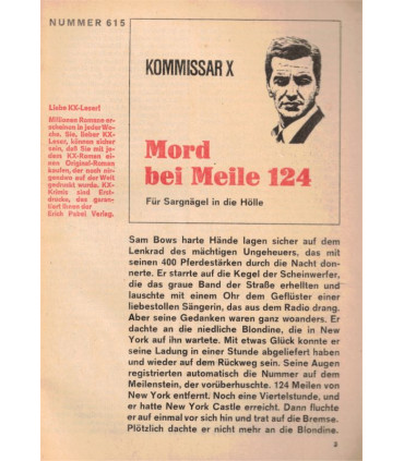 Kommisar X, Nummer 615, Mord bei Meile 124, Erich Pabel Verlag -  Kriminal Heftromane