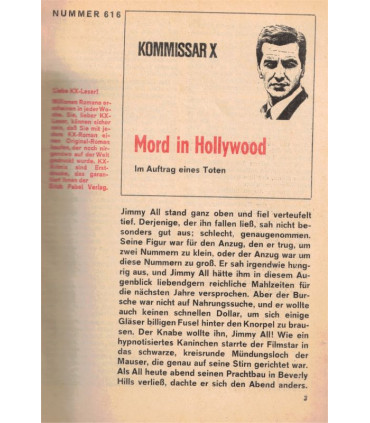Kommissar X, Nummer 616, Mord in Hollywood, Erich Pabel Verlag -  Kriminal Heftromane