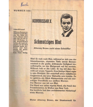 Kommissar X, Nummer 566, Schmutziges Blut, Erich Pabel Verlag -  Kriminal Heftromane