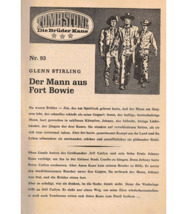 Western, Tombstone die Brüder Kane, Band 93, Der Mann aus Fort Bowie, 1968 - Western Heftromane