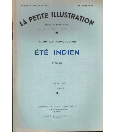 Eté indien, T1, Yvon Lapaquellerie - roman populaire, La Petite Illustration Roman N°272 1932
