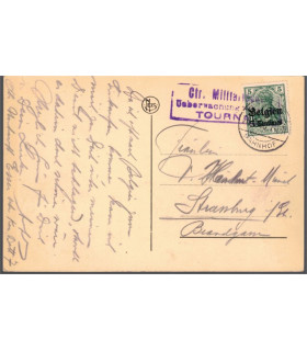 Belgique occupée, timbre Deutsches Reich Belgien 5 cent 1914, cachet allemand censure, carte postale Tournai, cathédrale beffroi