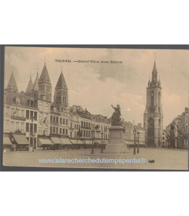 Belgique occupée, timbre Deutsches Reich Belgien 3 cent 1914, cachet allemand censure, carte postale Tournai, Grand'Place