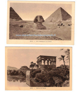 Egypte, Les Pyramides et le Sphinx, Le Temple de Philoe, 1930 - 2 cartes postales Egypte antique, Antiquité