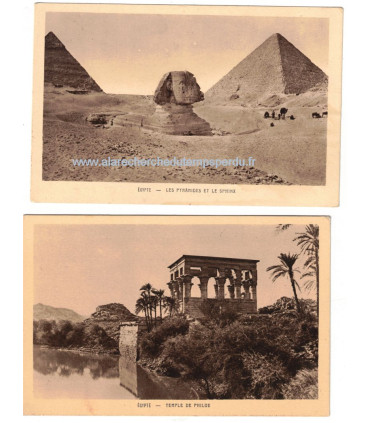 Egypte, Les Pyramides et le Sphinx, Le Temple de Philoe, 1930 - 2 cartes postales Egypte antique, Antiquité